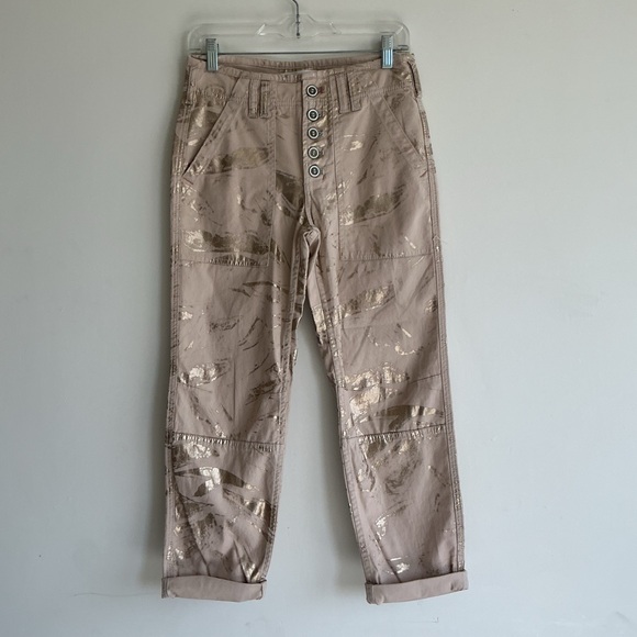 Anthropologie Pants - Anthropologie The Wanderer Gold Foil Print Pants Beige High Rise Straight Leg 26